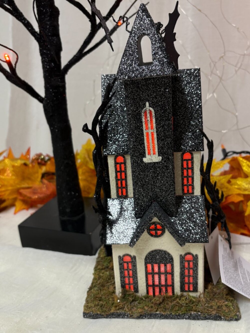 Spooky Hollow Led Lighted Halloween Church Putz House Bat Spooky Trees 12" New